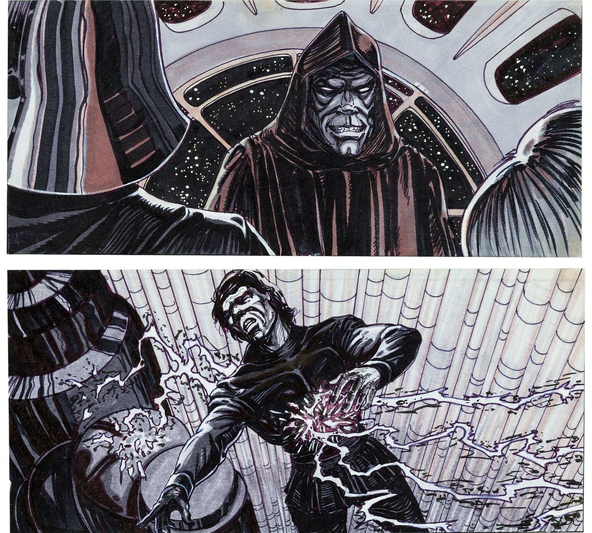 Star Wars: Return of the Jedi - Original Hand-Drawn Storyboard Pair: Luke Skywalker and The Emperor (Throne Room 15 & 42)