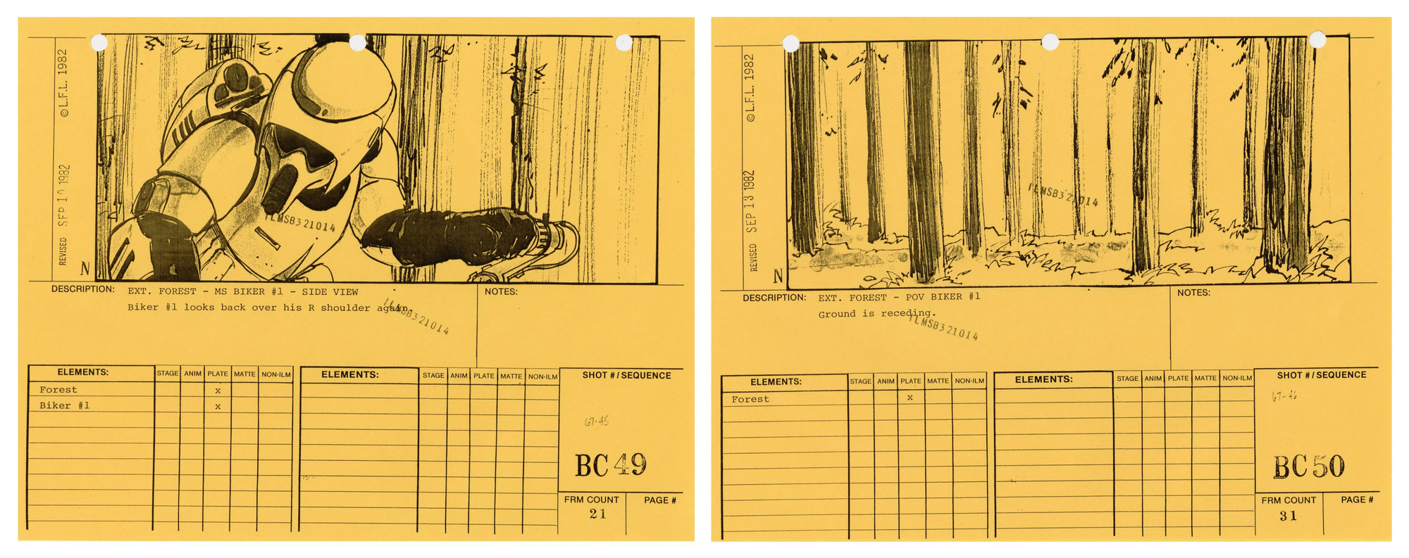 Star Wars: Return of the Jedi - VFX Storyboard Pair: Bike Chase 49+50