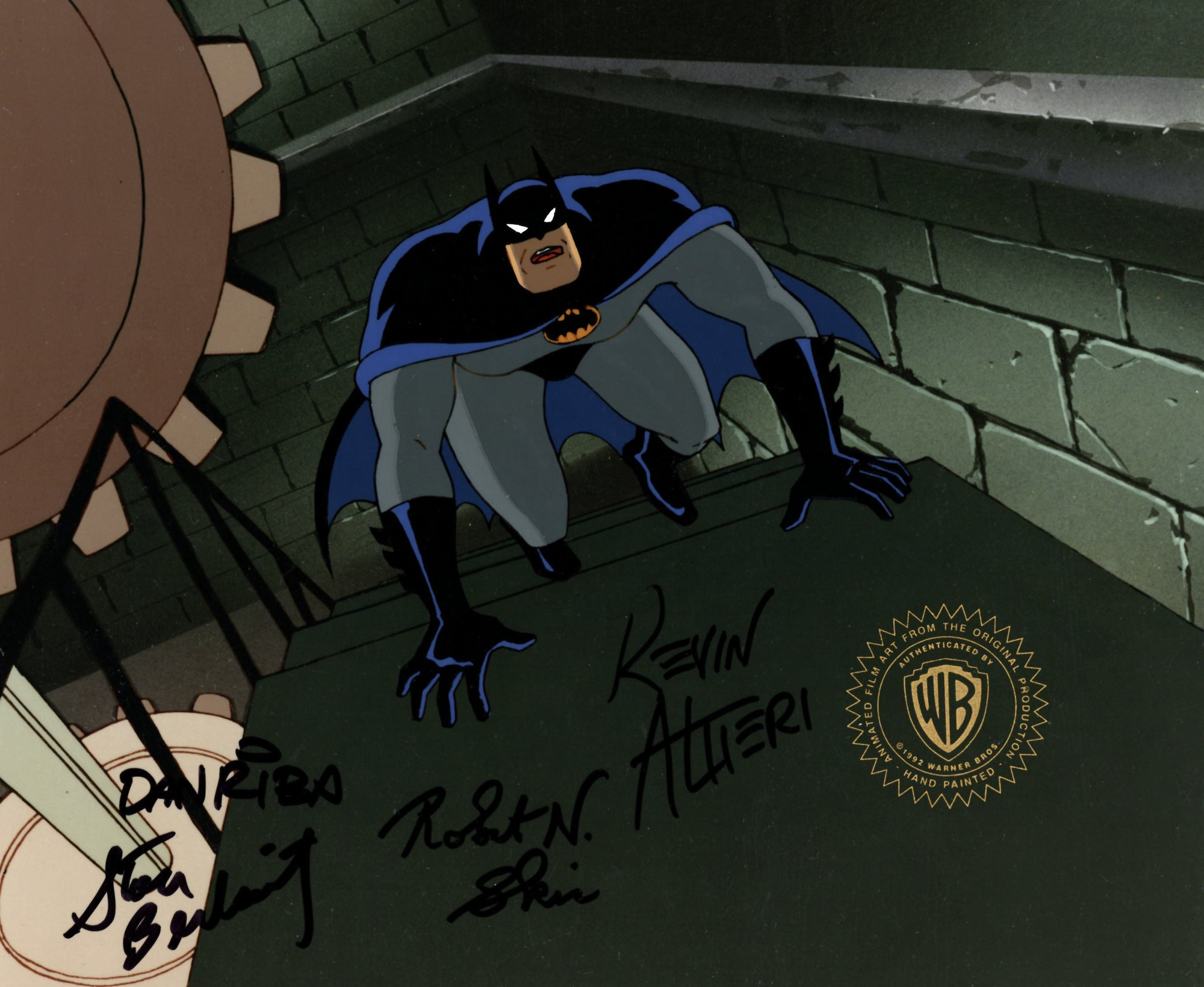 Batman The Animated Series Original Production Cel Signed by Kevin Altieri, Dan Riba, Stan Berkowitz, Robert Skir: Batman