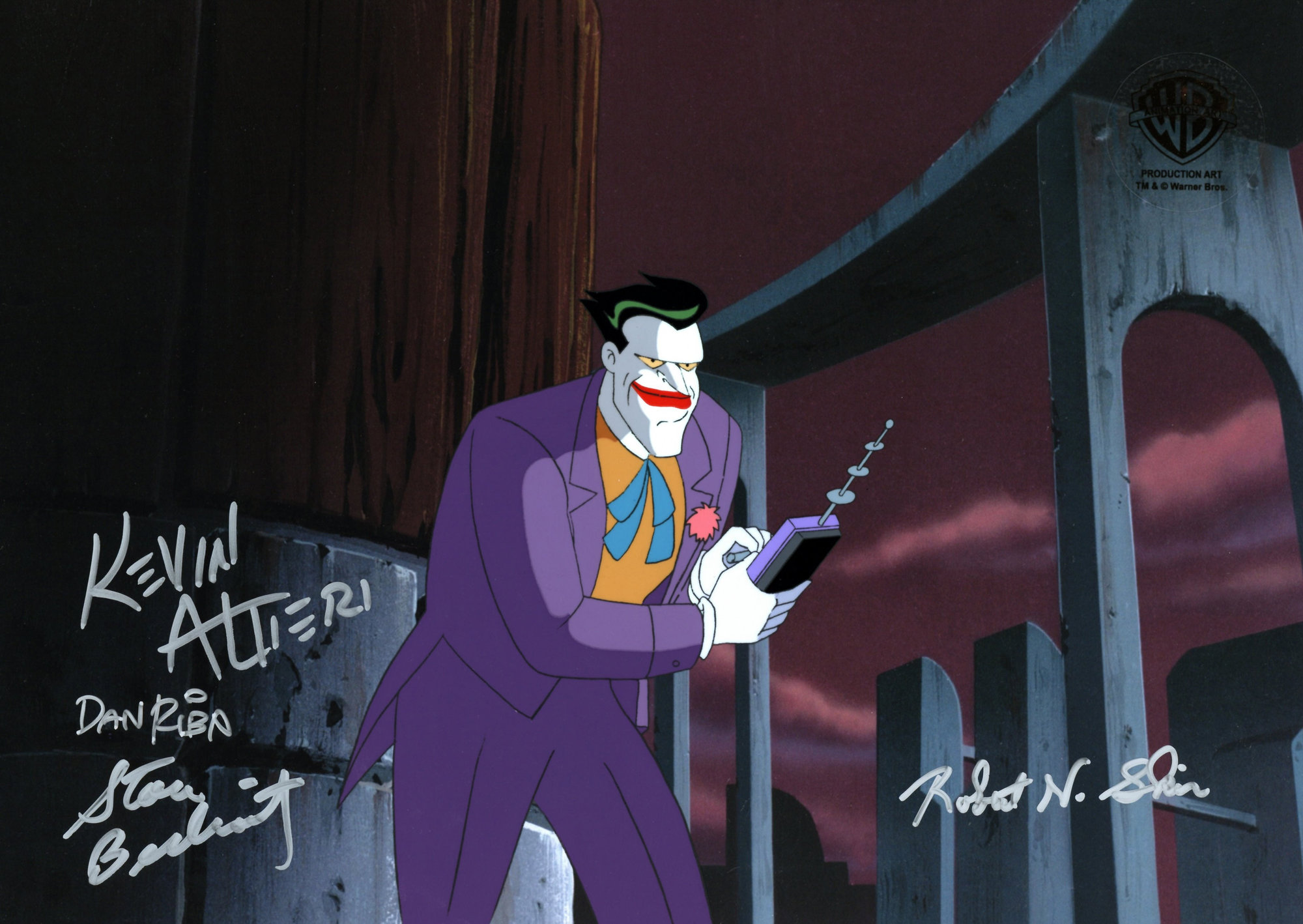 Batman Mask of the Phantasm Original Production Cel Signed by Kevin Altieri, Dan Riba, Stan Berkowitz, Robert Skir: Joker